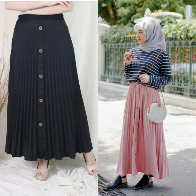 Rok Plisket Kancing Pleated Skirt /Flare Button Skirt Panjang