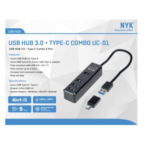 Usb 3.0 hub nyk 4 port 5Gbps 2tb with otg usb type-c connector uc01 uc-01 - Terminal usb3.0 4 slot