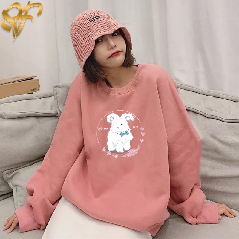 Sweater Love Rabbit Sakura Aesthetic Pria &amp; Wanita | Sweater Korea Style Fleece Cotton | Dhea Fashion