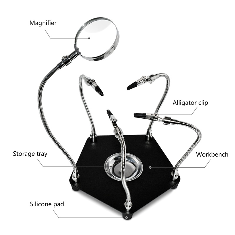 Kiss Solder Helping Hands PCB Circuit Board Holder Dengan Lampu Pembesar LED 3X Flexible Metal Arms Electronic Repair