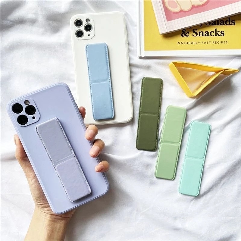 Hot Sale/Universal Warna Solid Dapat Dilipat Desktop Phone Holder/Gelang PU Kreatif Pegangan Jari Stand Ponsel/Bracket Portabel Kompatibel Dengan Semua Ponsel