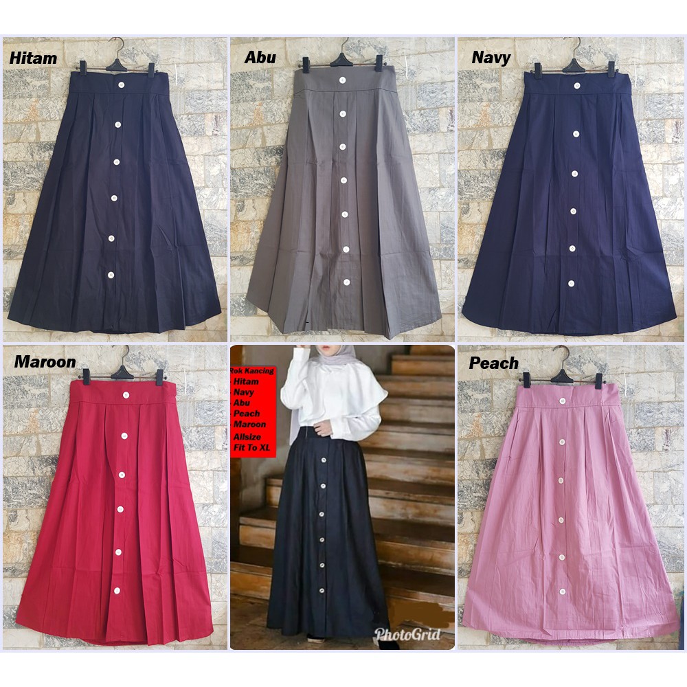 Rok Wanita Bahan Katun Motif Kancing Putih Maxi Skirt Bawahan Muslim Panjang Modis Kekinian