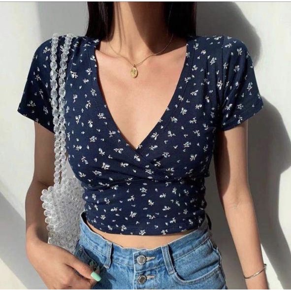 BEFAST - ZFS Blouse SAHSA / ENROSIE CROP TOP / Blus Sexy Cewe / Atasan Wanita Sexy / Blouse Style Korean / Blouse Trendy / Blouse Casual / Blouse Santai / Blouse Crop Lengan Pendek / Blouse Kerah V / Blouse Motif Terlaris