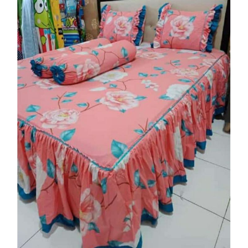 Sprei katun rumbai motif bunga ukuran 100x200-200x200