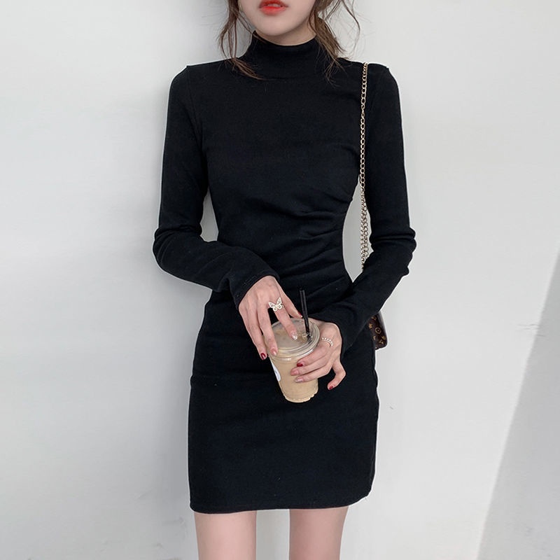 dress gaya korea hitam turtleneck beludru bottoming tas rok hip dress wanita pinggang ramping rok pe