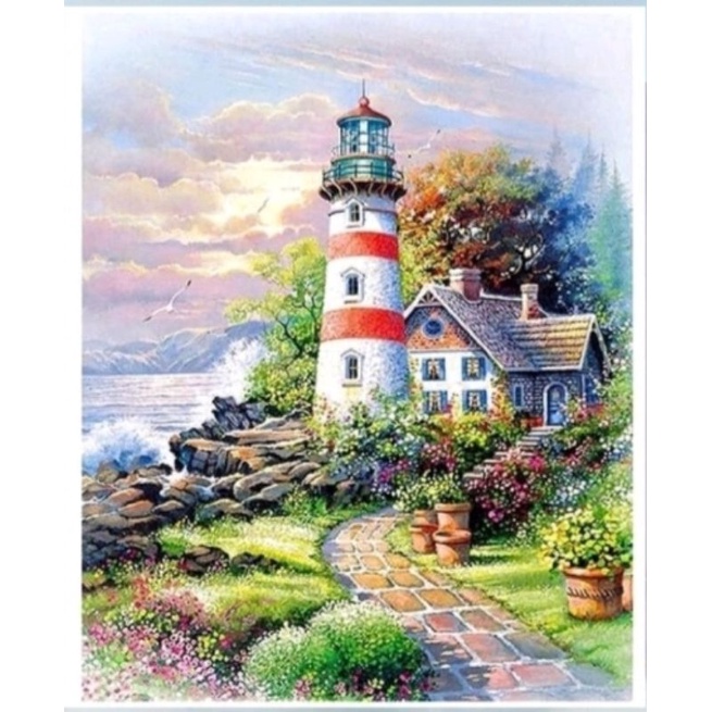 paket kristik laut menara mercusuar pola kain light house cross stitch 14ct embroidery kerajinan tan