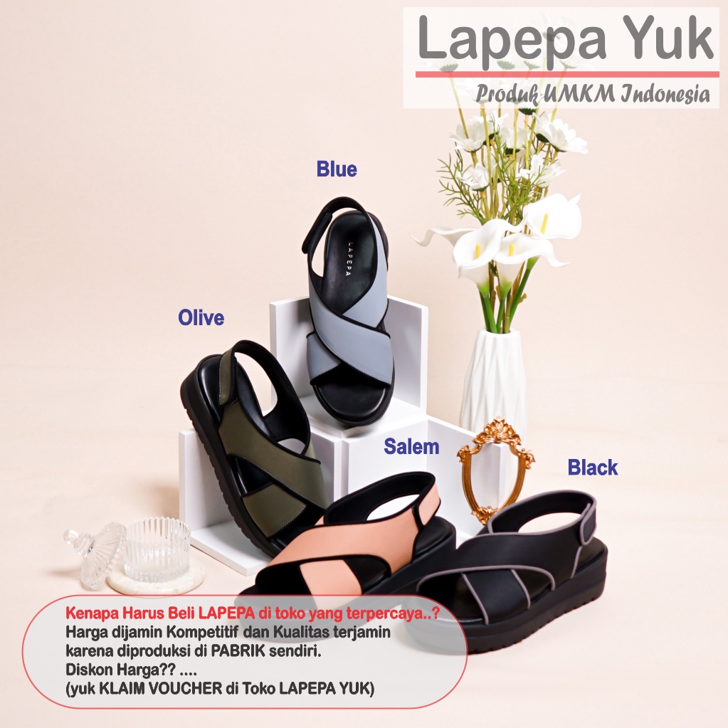 LAPEPA YUK -  Sepatu Sandal Wanita Wedges CLARIE Model Ban dua Tali Strap belakang Hak Tinggi Sole 4 cm Spatu Sendal Gunung Cewek  Size 36 37 38 39 40 Warna BLACK Hitam Black Cewe Kekinian Premium Terbaru Shoes Ori Original Mall Official Store Promo