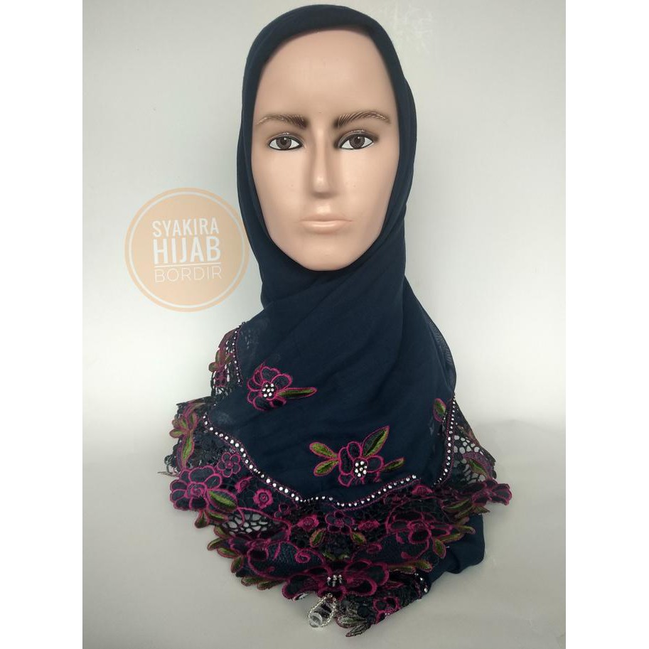 Jilbab Jilbab Bordir Segi Empat Bunga Besar Dongker Hijab Segi Empat