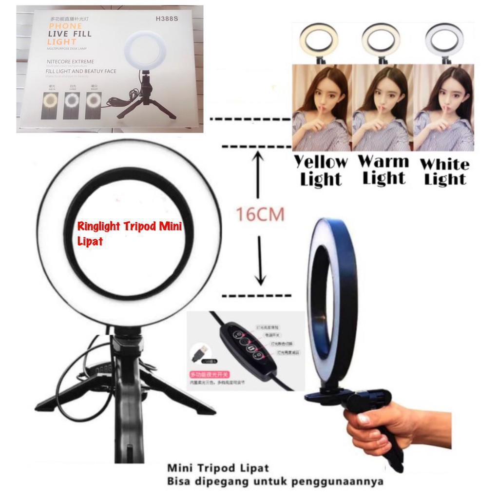 Tripod Ring Light Mini Lipat H388S  / Tripod Selfie Lampu Make Up Vlog