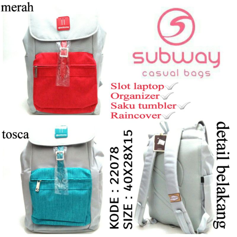 TAS RANSEL SEKOLAH ANAK PEREMPUAN SUBWAY  22078 2 WARNA ADA RAINCOVER WARNA MERAH DAN TOSCA