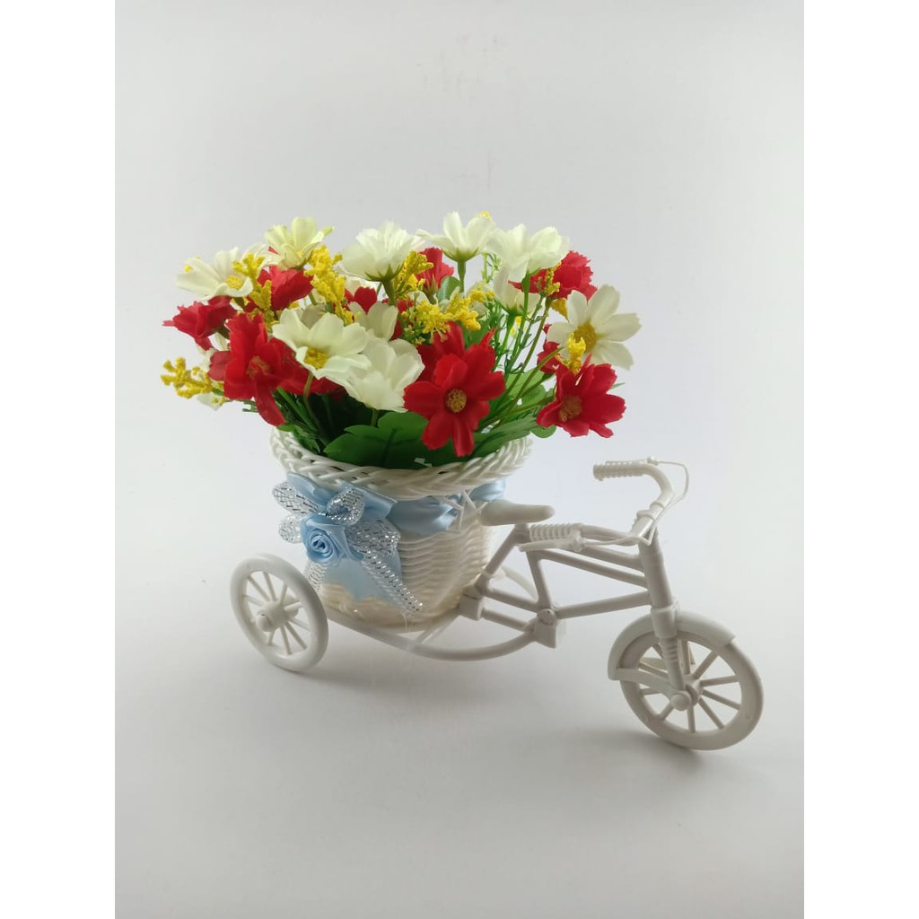 BUNGA SEPEDA SET BUNGA HIAS BUNGA PLASTIK VAS SEPEDA ROTTAN SET BUNGA DAISY BS6602-Merah putih