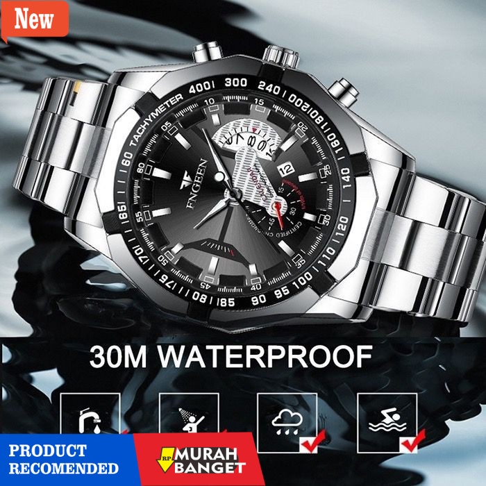 Jam analog pria terbaik- FNGEEN S001 Jam Tangan Pria Luxury Stainless Steel Quartz Tahan Air