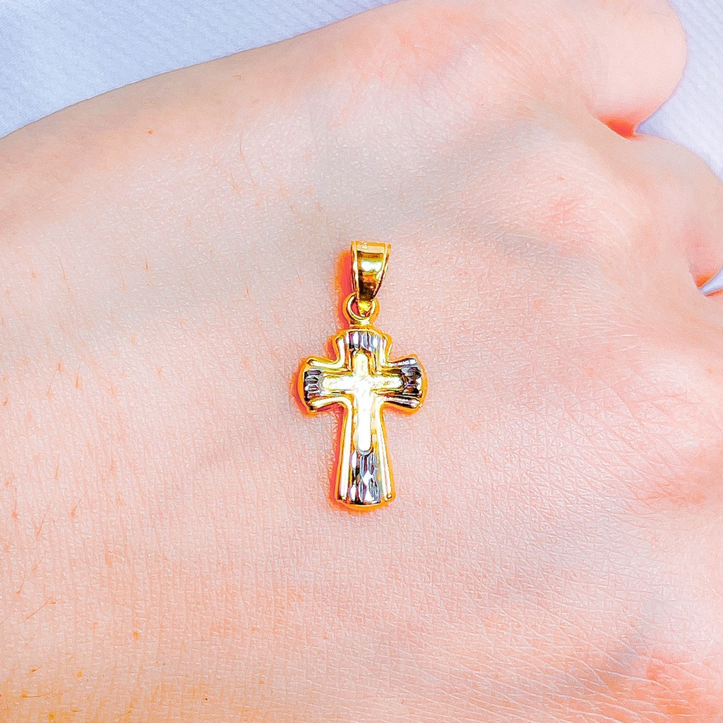 Liontin anak dan dewasa emas asli kadar 700 70 16k cross salib Jesus Christ mainan kalung kombinasi mix 2 sisi warna putih doff gold ringan 0,7 gram gr g pendant Yesus