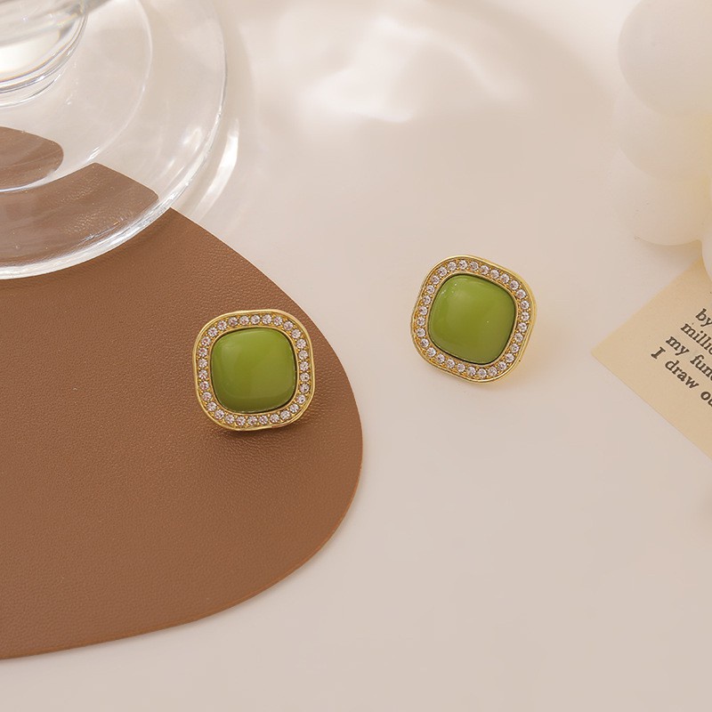 New Ins Girl Delicate Crystal Green Square Earrings-green