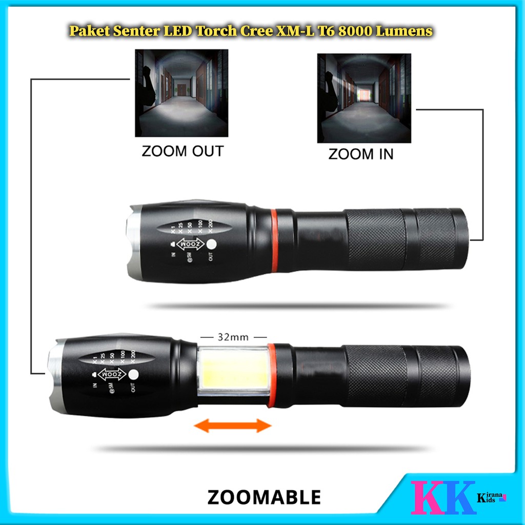 Senter Led 8000 Lumens Lumen Telescopic Zoom Flashlight Super Terang Jarak Jauh Paket Lengkap Shopee Indonesia