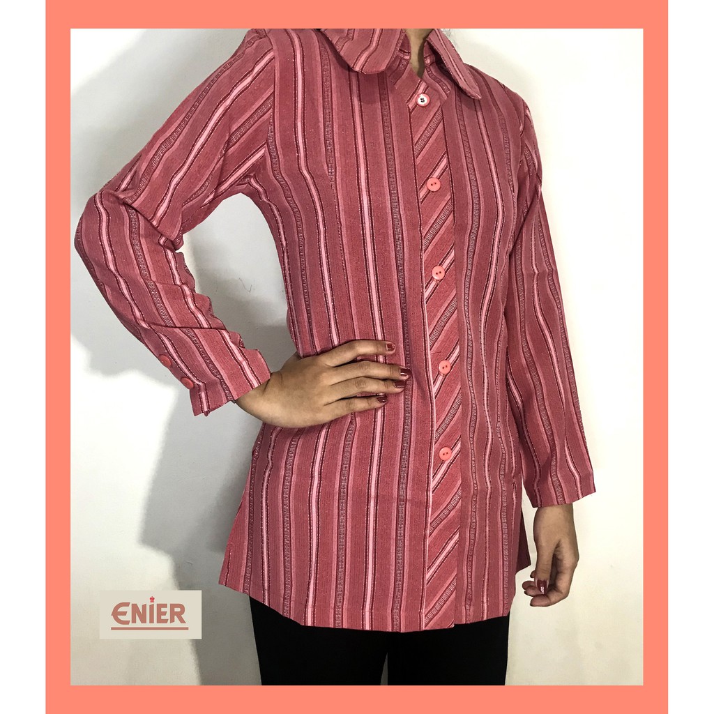 Kemeja Wanita Cewek Casual / Formal Lengan Panjang Slim Motif  Garis-garis Warna Merah Cerah - 21