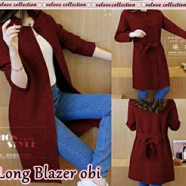Long obi blazer maroon babyterry kancing cardigan wanita merah marun korea style kasual kantor