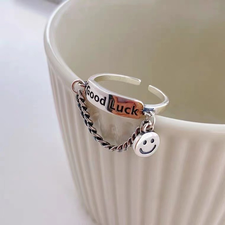 South Korea's New Open Adjustable Smiley Face Letter Ring English Ring INS Personality Cold Wind Street Jewelry Suitable for Men and Women Fashion Accessories Gifts