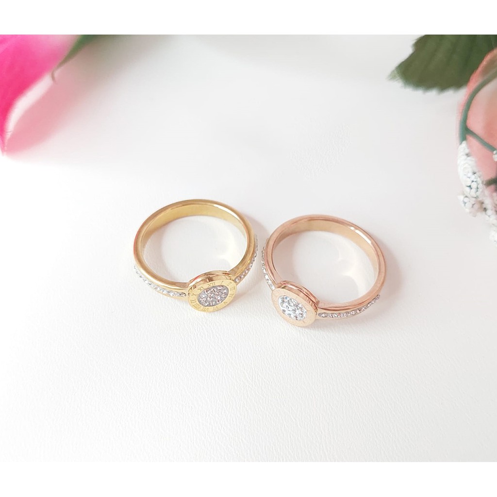 Cincin Titanium Perhiasan Wanita Motif Permata Warna Gold dan Rose Gold | Cincin Cantik D5