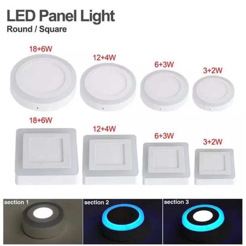 Lampu downlight outbow 2 warna kuning 12w + 4w Kotak Bulat Putih biru LED Square round outside 3 Step Plafon dak teras cor beton Hias tempel 6 inch Ceiling Pilar dinding Ob