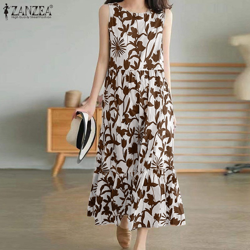 ZANZEA Women Fashion Crew Neck Sleeveless Flowers Printed  Swing Casual Midi Dress