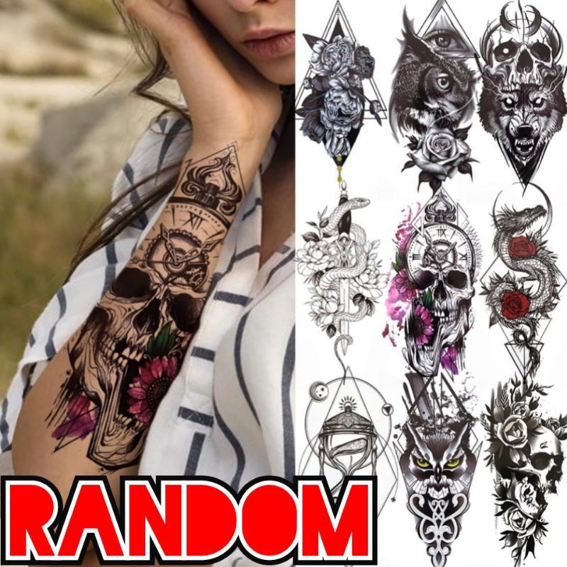 Tato Temporary / Sementara Gambar Kepala Serigala / abstrak Anti Air Removable untuk Tubuh / Lengan