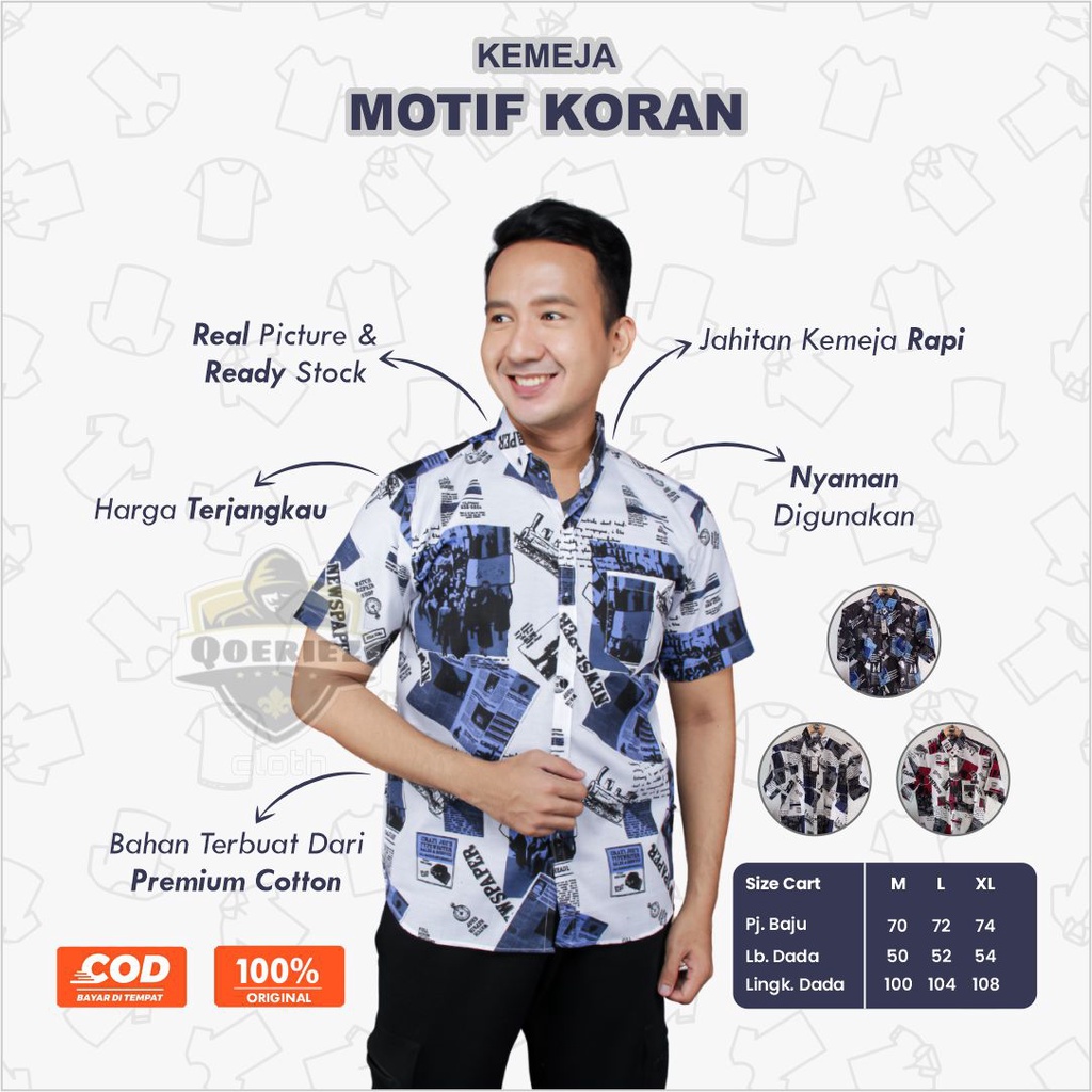 Kemeja Kmeja Kameja Baju Atasan Setelan Stelan Distro Fashion Hem Motif Koran Qoran Pria