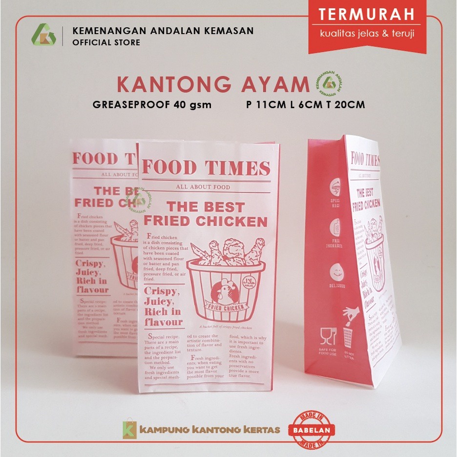 Kantong Kertas Fried Chicken / Paper Bag Bungkus Fried Chicken / Kemasan Ayam Goreng Isi 50 Pcs - FOOD TIMES