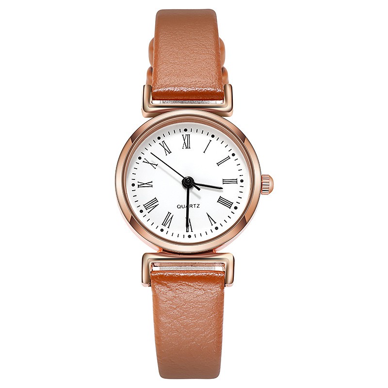 Jam Tangan Analog Quartz Wanita Kecil Tali PU Leather Korean Style Fashion Import-Romawi Coklat