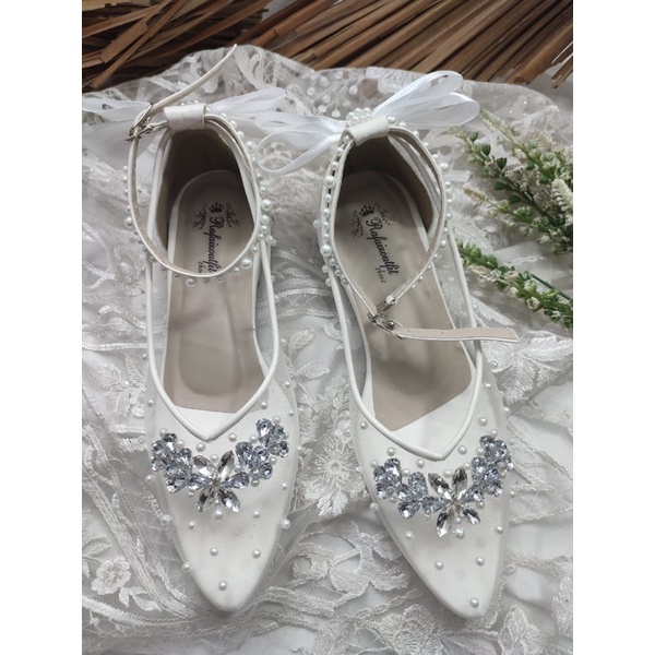 sepatu pesta wedding wanita v merrisa putih tali pita 2cm tahu