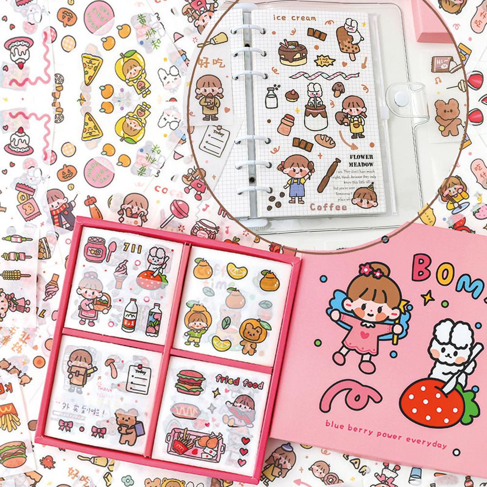 Lanfy Kawaii Stiker Set 100pcs/kotak Kartun DIY Scrapbooking Tahan Air Minum Makanan Hewan Perempuan Pola Diary Album Foto Perekat Decals