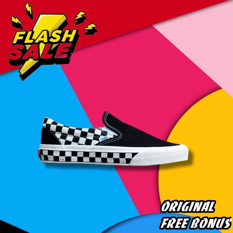 VANS SLIP ON CHECKERBOARD ORIGINAL VANS SIDEWALL BLACK WHITE VANS HITAM PUTIH VANS CATUR