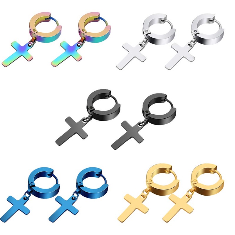 [Harga Grosir]1 Pasang Anting Stud Liontin Salib Bulat Gaya Hip Hop/Hot Sale