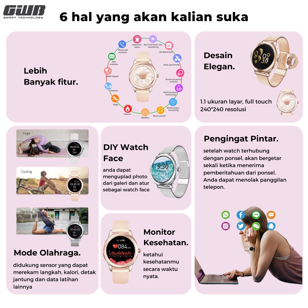 ✅ BERGARANSI .OLIVIA SMART WATCH  ORIGINAL ( FOR IOS &amp; ANDROID) Smartwatch Wanita Smart Watch Jam tangan Pintar