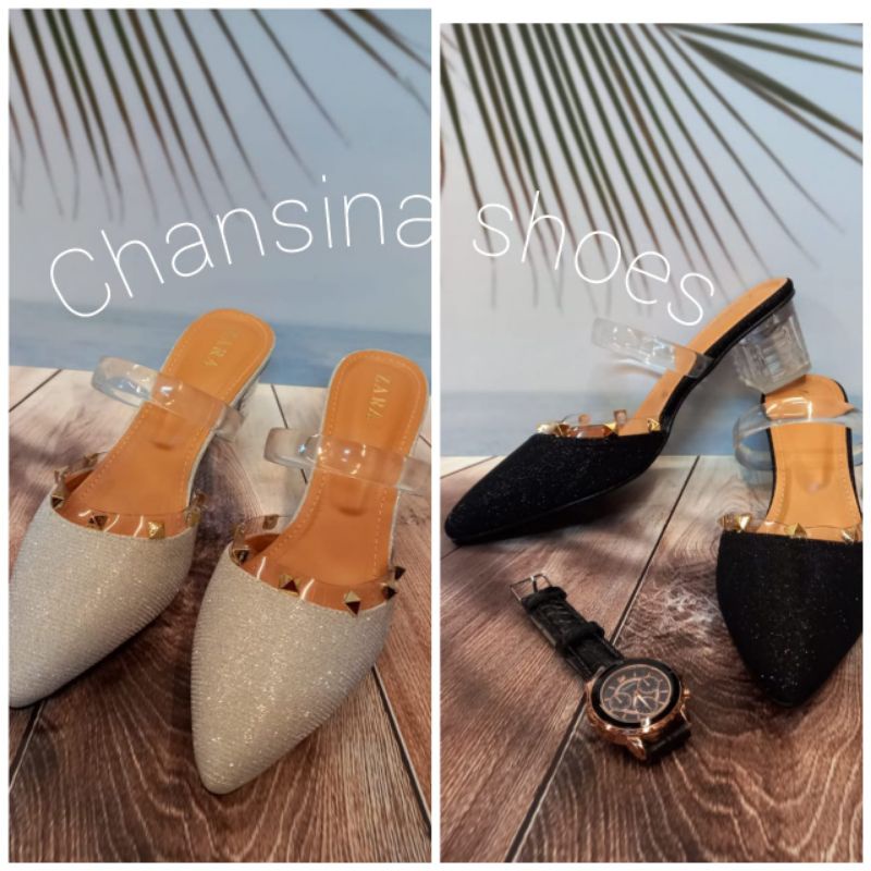 Sendal Slop Pesta Mewah Wanita Zara Premium heels kaca 5cm