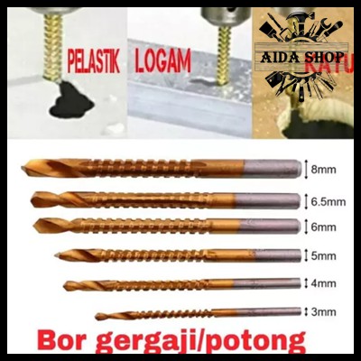 Mata Bor Hss Titanium Coated 6 Pcs Drill Saw Bit Kayu Aluminium Akrilik PVC Pisau Bor Set Ukuran