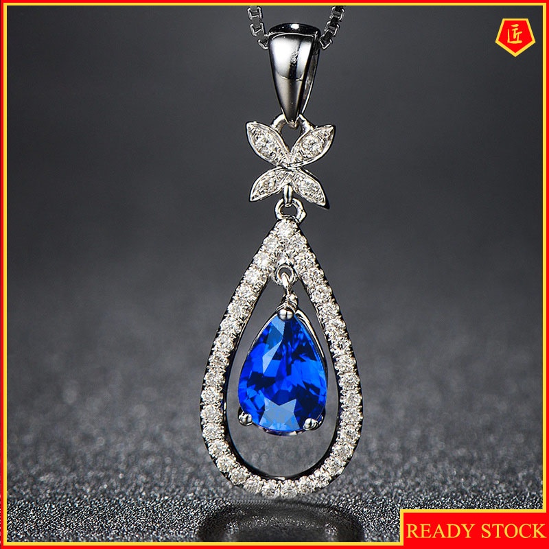 [Ready Stock]Micro Inlaid Zircon Pear-Shaped Sapphire Butterfly Pendant Luxury High-End