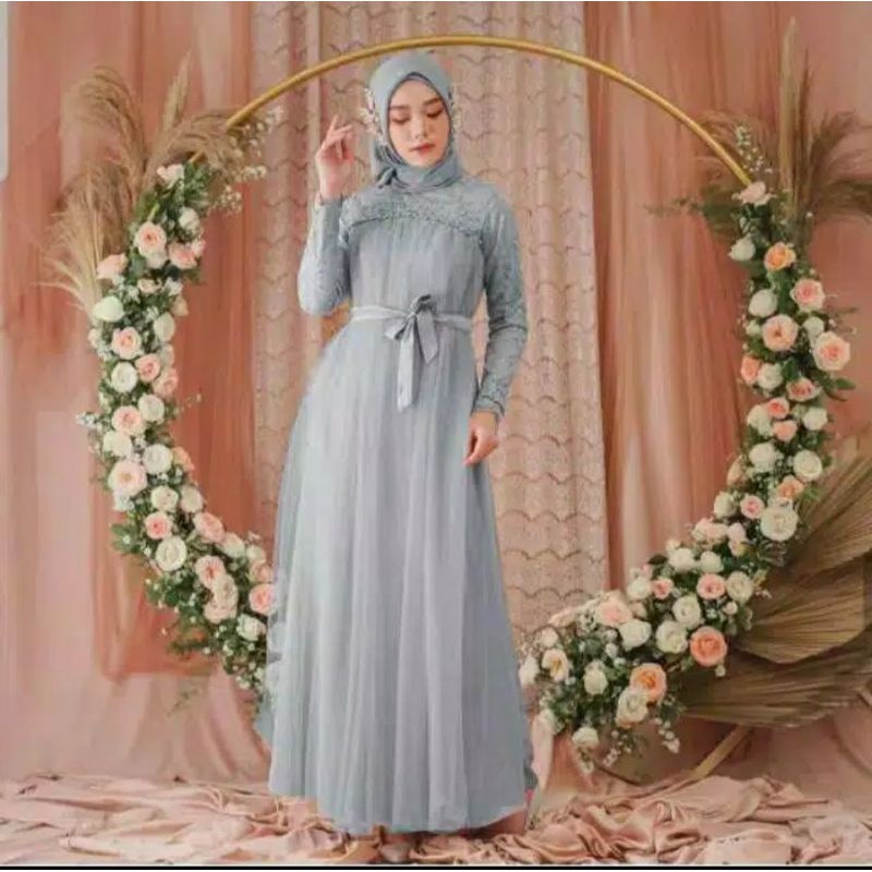 Alesha Fidella Maxi Dress  M - L - XL - XXL /  Gamis Kondangan / Gamis Bridesmaid/ Velvet Tebal Mix Brukat-Grey