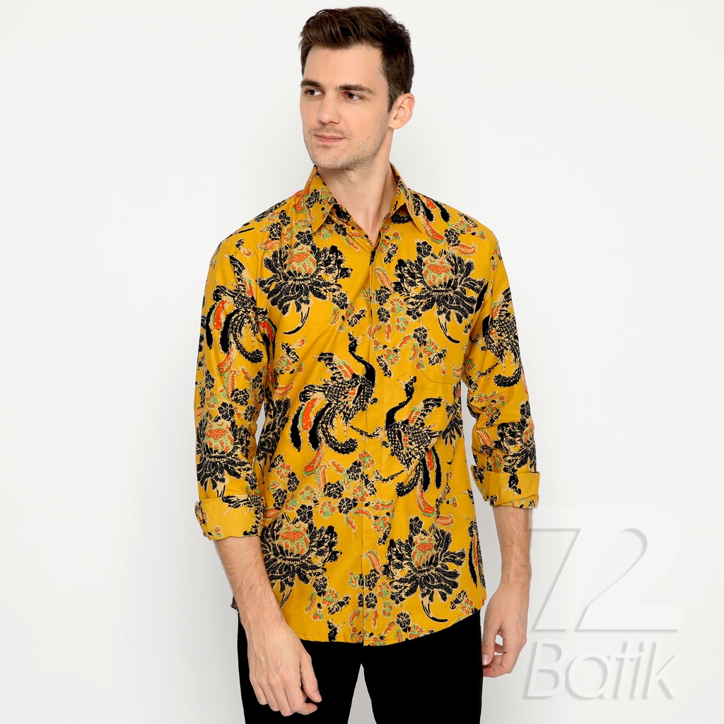 BAJU BATIK PRIA Kemeja Lengan Panjang Slimfit Slim Fit Premium Warna Kuning Hitam Orange 728986 Cap 72 - Baju Kemeja Atasan Pakaian Setelan Batik Pria Cowok Laki Laki Remaja Keluarga Kantor Lengan Panjang Modern Slimfit Slim Fit Premium Kekinian