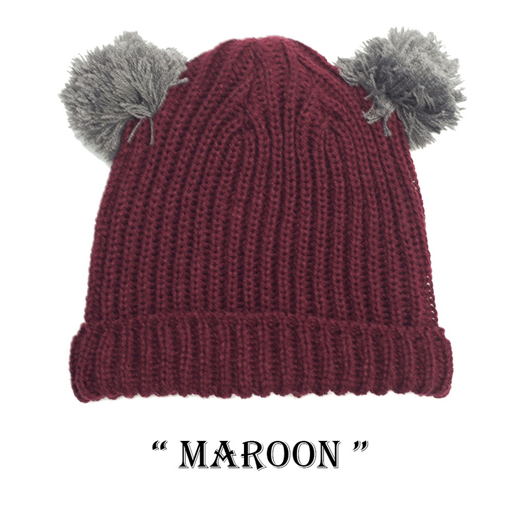 Kupluk Pompom Anak Bayi Cewek Cowok Polos / Bordir Nama Suka Suka-Merah Maroon