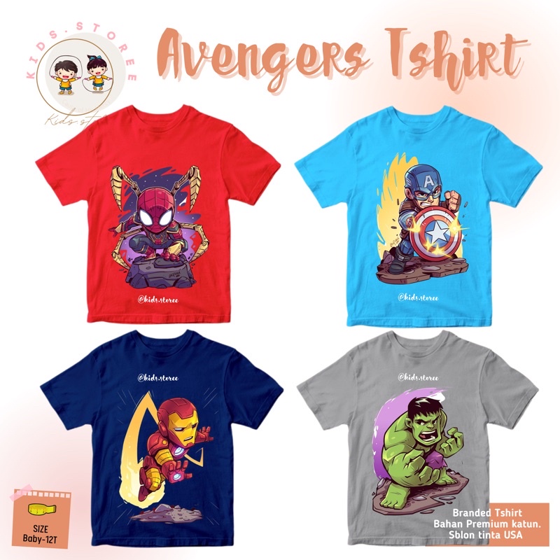Baju kaos anak laki laki spiderman iroman captain america hulk / atasan anak import 12 tahun