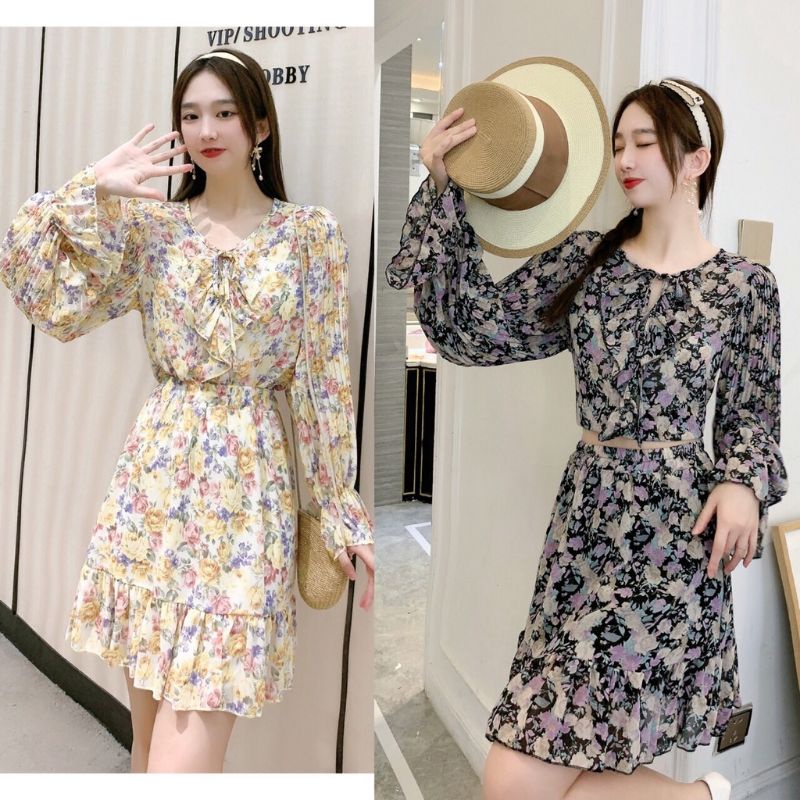 VN SUMMER SET / ONE SET PANTAI / KOREAN BEACH WEAR SET MOTIF VINTAGE PLISKET PLEATED SLEEVE FLOWER DRESS