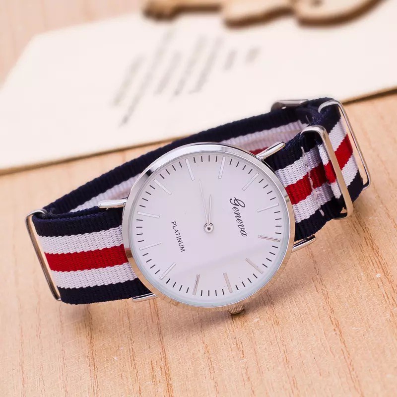 (GROSIRJAYA32) Jam Tangan Geneva Fashion/Canvas Kanvas Jam Tangan Murah Watch Men Women Watch/BIRU MERAH