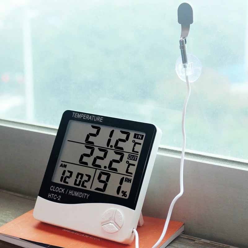 Thermometer Hygrometer Alat ukur Suhu Ruangan HTC-2 Dekorasi Jam Meja