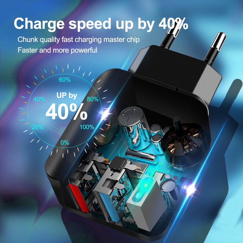 Adapter Charger Handphone 28W Quick Charging QC3.0 + 2.1A Dual USB Dengan Lampu Untuk Travel