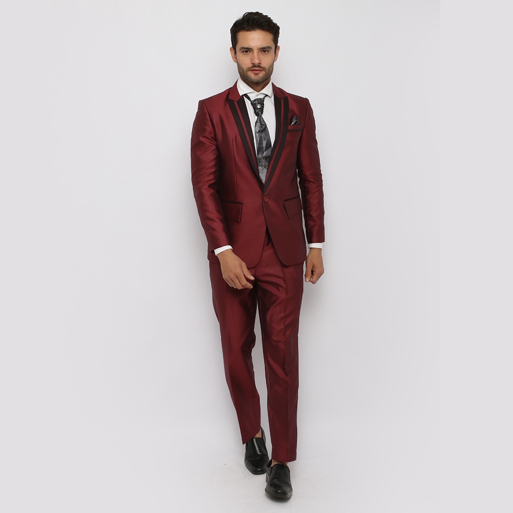 Jas Wedding semi WOOL Jas Pria Stelan Jas nikah dan Celana Blazer Jas Pengantin nikahan Jas Formal-Maroon