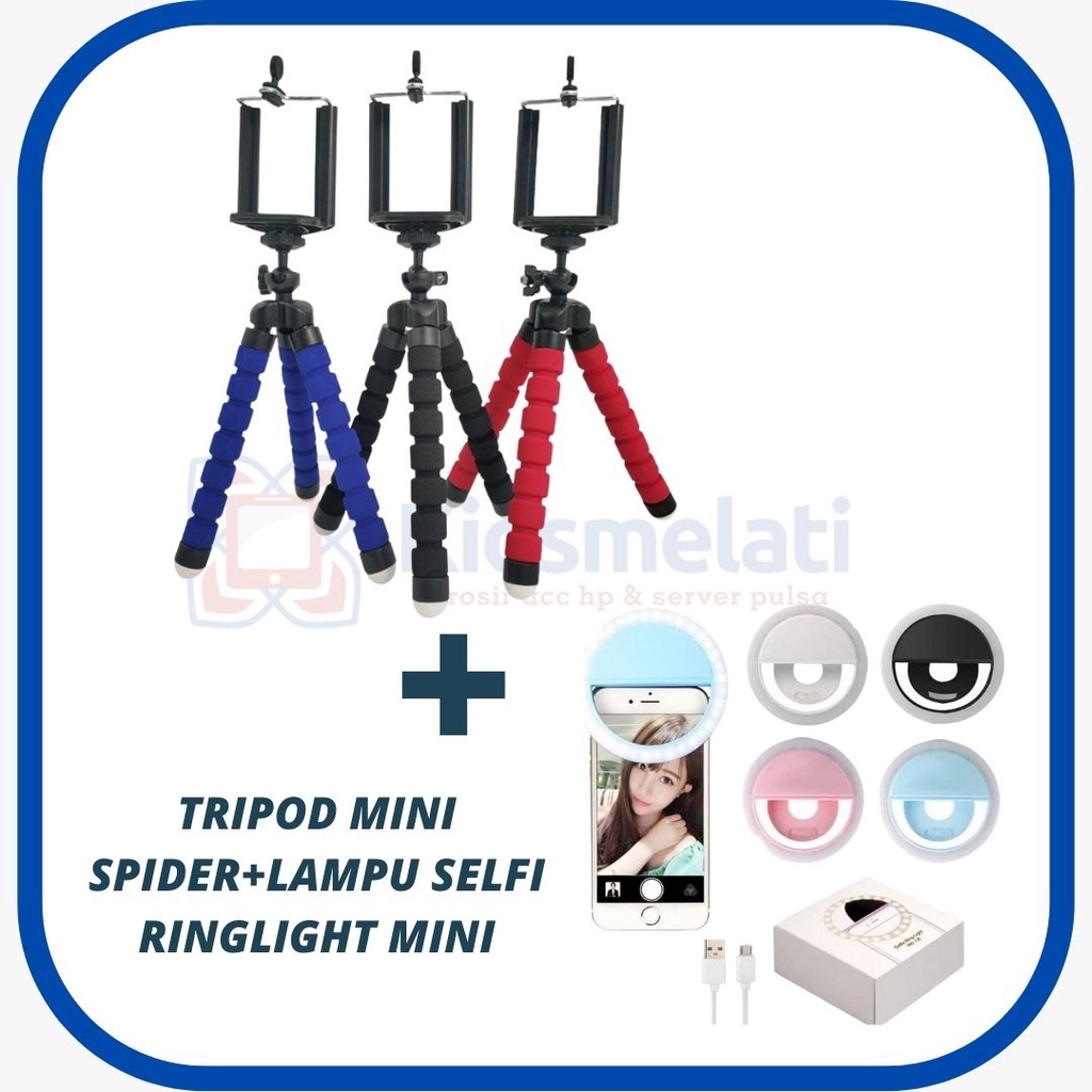 Tripod mini Spider Flexible Tripot Hp tripod Handphone/tripot hp/tripot handphone/tripod mini hp /PAKET TRIPOD MINI SPIDER+LAMPU SELFIE MINIQ  Remot Bluetooth Camera Buat Selfie
