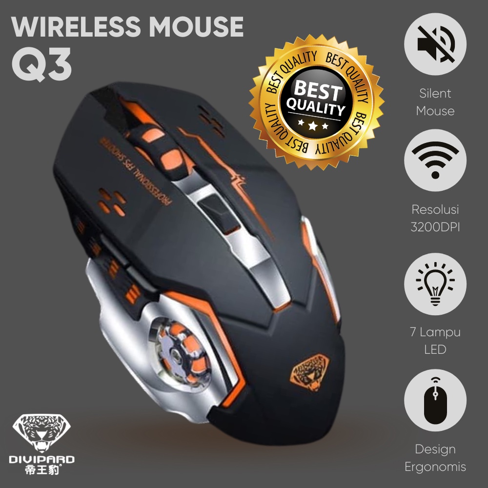 Mouse Gaming Wireless Charging Silent Divipard Q3 7 Color RGB