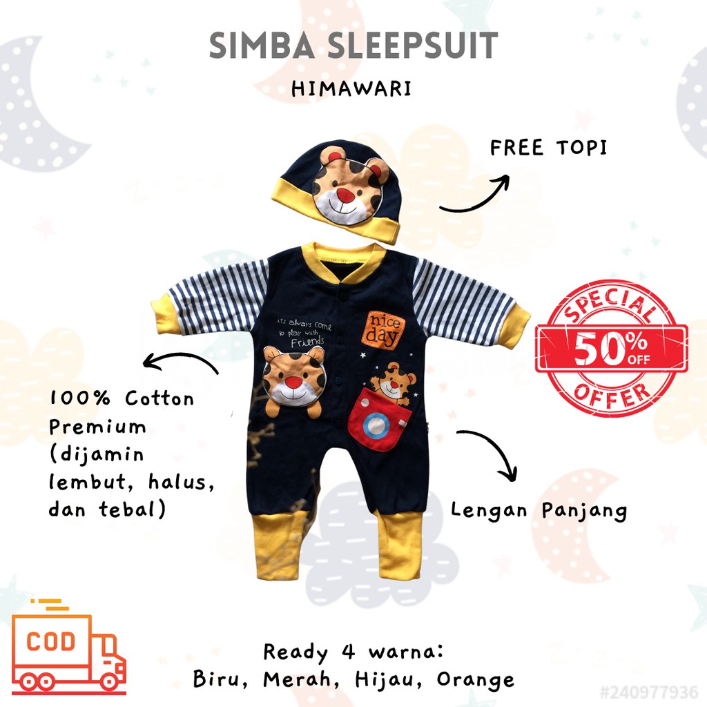 Sleepsuit HIMAWARI - Sleepsuit Bayi Perlengkapan Baby Newborn Sleepsuit Tebal Berkualitas Free Topi