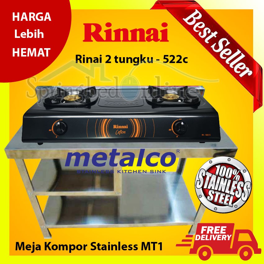 Paket Hemat Meja Kompor Stainless MT1 &amp; Kompor Gas 2 Tungku Rinnai 522C